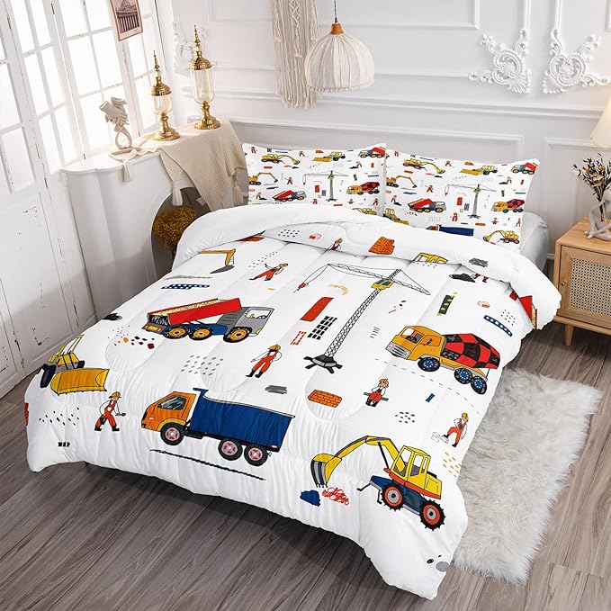 CVHOUSE Tractor Bedding Sets for Boys,Excavators Comforter Queen,Boys Cartoon Truck Comforter Set,Trucks Tractors Cars Quilt Set with 1 Comforter and 2 Pillow Cases- 3 Piece - LeafyLoom