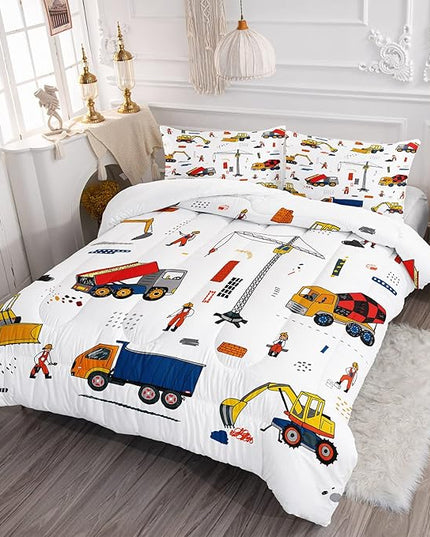 CVHOUSE Tractor Bedding Sets for Boys,Excavators Comforter King,Boys Cartoon Truck Comforter Set,Trucks Tractors Cars Quilt Set with 1 Comforter and 2 Pillow Cases- 3 Piece - LeafyLoom