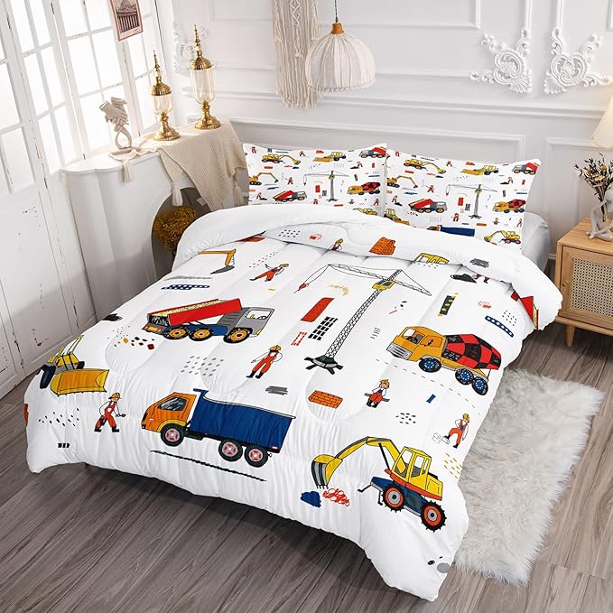 CVHOUSE Tractor Bedding Sets for Boys,Excavators Comforter King,Boys Cartoon Truck Comforter Set,Trucks Tractors Cars Quilt Set with 1 Comforter and 2 Pillow Cases- 3 Piece - LeafyLoom