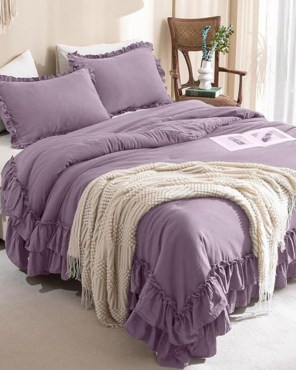 Ruffle Comforter Queen Size,Farmhouse Shabby Boho Chic Queen Bedding Comforter Set,3pcs Ultra Soft Fluffy Grayish Purple Comforter Sets for Queen Bed with 2 Ruffled Pillowcases - LeafyLoom