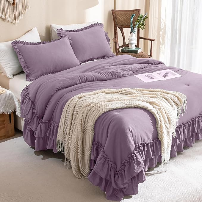 Ruffle Comforter Queen Size,Farmhouse Shabby Boho Chic Queen Bedding Comforter Set,3pcs Ultra Soft Fluffy Grayish Purple Comforter Sets for Queen Bed with 2 Ruffled Pillowcases - LeafyLoom