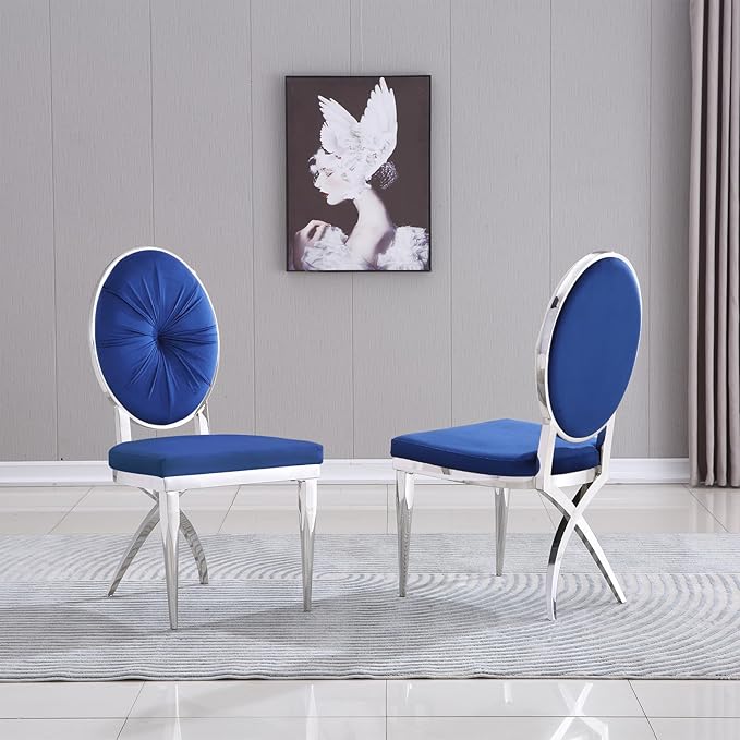ACEDÉCOR Blue and Silver Dining Room Chairs, Classic King Louis Velvet Upholstered Dining Chairs, Silver Legs Dining Chair Set of 10 - LeafyLoom