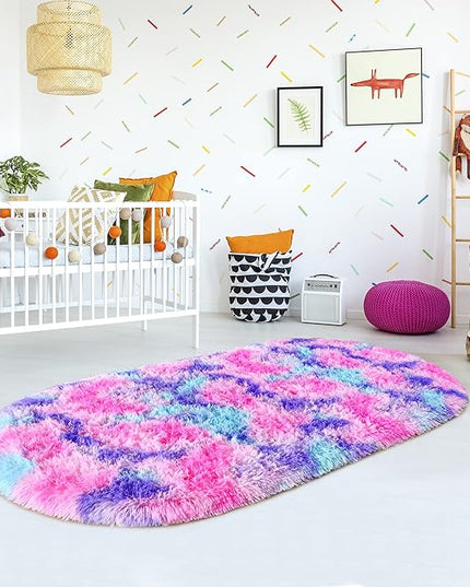 Noahas Oval Fluffy Hot Pink Rainbow Rug 2.6X5.3 Small Kids Rugs for Bedroom Girls Aesthetic,Bedside Bedroom Rug,Ultra Soft Runner Carpet Modern Shaggy Nursery Area Rugs Home Decor - LeafyLoom