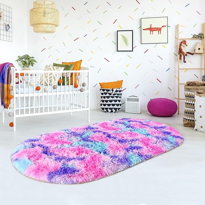 Noahas Oval Fluffy Hot Pink Rainbow Rug 2.6X5.3 Small Kids Rugs for Bedroom Girls Aesthetic,Bedside Bedroom Rug,Ultra Soft Runner Carpet Modern Shaggy Nursery Area Rugs Home Decor - LeafyLoom