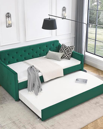 RITSU Twin Size Daybed with Casters, Modern Button Upholstered Velvet Sofa Bed w/Waved Shape Arms, No Box Spring Needed, for Bedroom, Livingroom, Green, 80.50 - LeafyLoom