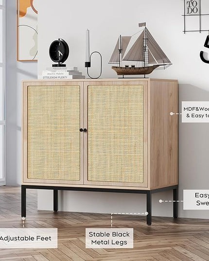 Brafab Set of 2 Sideboard Buffet Cabinet with Storage, Sideboard Cabinet with Natural Rattan Decorated Doors, Rattan Cabinet, for Living Room, Entryway, Bedroom, Dining Room/Square Doors - LeafyLoom