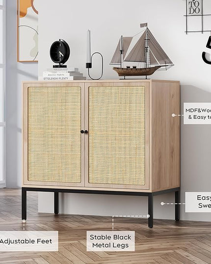 Brafab Sideboard Buffet Cabinet with Storage, Accent Cabinet with Natural Rattan Decorated Doors, Rattan Cabinet, for Living Room, Entryway, Bedroom, Dining Room/Square Doors - LeafyLoom