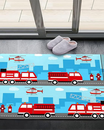 Car Rug Play Mat Car Rug Play Mat Car Rug for Boys Room Fire Fighting Truck Red Car Printed Rug Play Rug for Cars and Trucks Play Rugs for Kids Rooms,Light Blue 2'×3' - LeafyLoom