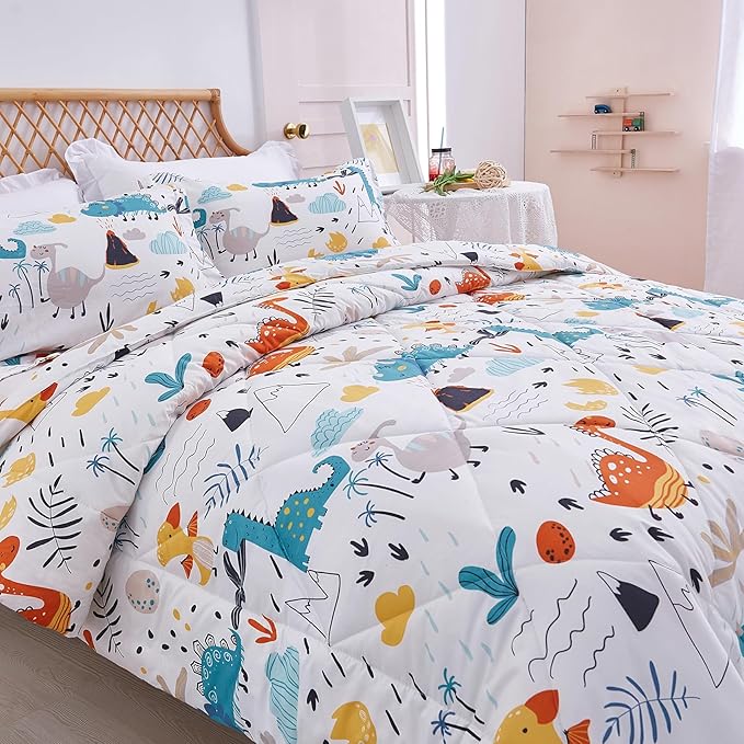 JSD Dinosaur Kids Comforter Set for Boys Girls, 2 Pieces Twin Microfiber Comforter with Pillow Sham, Soft Comfortable Machine Washable - LeafyLoom