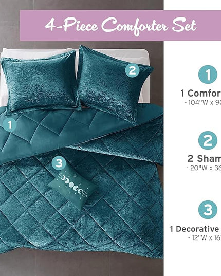 Intelligent Design King Comforter Set, Velvet Comforter Set , Luxury Diamond Quilting Comforter Set, Fluffy Comforter Bed Set with Decorative Pillowand 2 Shams, 4 Piece Teal, King/ Cal King - LeafyLoom