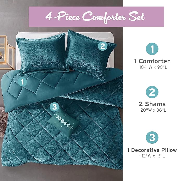 Intelligent Design King Comforter Set, Velvet Comforter Set , Luxury Diamond Quilting Comforter Set, Fluffy Comforter Bed Set with Decorative Pillowand 2 Shams, 4 Piece Teal, King/ Cal King - LeafyLoom