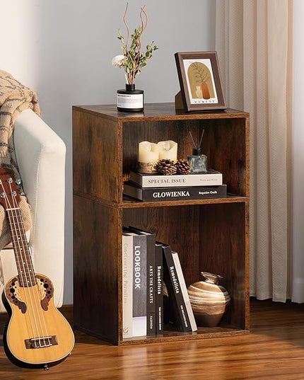 LEYAOYAO 2 Cube Bookshelf,Brown Record Player Stand Holds up to 100 Albums, Mini Wood Book Shelf Storage Organizer,Turntable Stand with Vinyl Storage Cabinet, Narrow Open Bookcase for Small Spaces - LeafyLoom