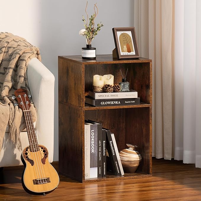 LEYAOYAO 2 Cube Bookshelf,Brown Record Player Stand Holds up to 100 Albums, Mini Wood Book Shelf Storage Organizer,Turntable Stand with Vinyl Storage Cabinet, Narrow Open Bookcase for Small Spaces - LeafyLoom