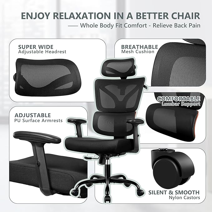 Office Chair Ergonomic Desk Chair, High Back Gaming Chair, Big and Tall Reclining chair Comfy Home Office Desk Chair Lumbar Support Breathable Mesh Computer Chair Adjustable Armrests(B-Orange) - LeafyLoom