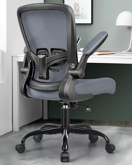 MINLOVE Office Chair Ergonomic Desk Chair with Adjustable Lumbar Support and Height, 90° Flip-up Armrests, Ergo Desk Chairs with Wheels, 360° Swivel Mesh Chair, Home Work Use (Dark Gray) - LeafyLoom