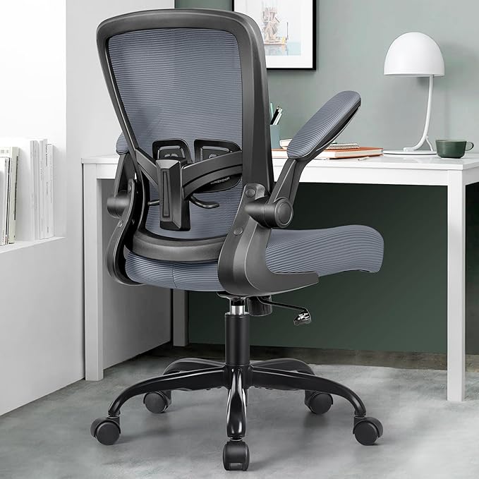 MINLOVE Office Chair Ergonomic Desk Chair with Adjustable Lumbar Support and Height, 90° Flip-up Armrests, Ergo Desk Chairs with Wheels, 360° Swivel Mesh Chair, Home Work Use (Dark Gray) - LeafyLoom