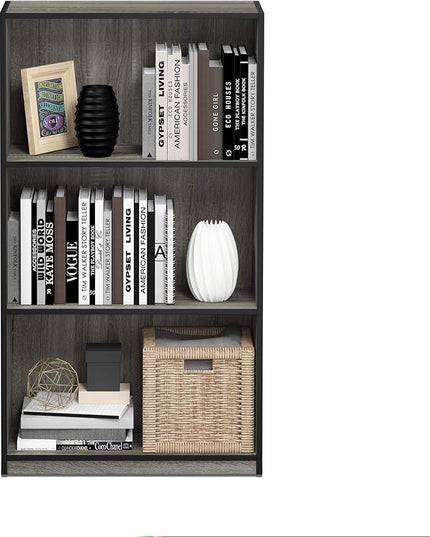 FURINNO Basic 3-Tier Bookcase Storage Shelves, French Oak Grey/Black - LeafyLoom