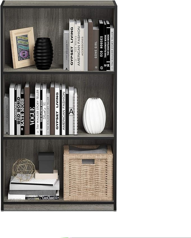 FURINNO Basic 3-Tier Bookcase Storage Shelves, French Oak Grey/Black - LeafyLoom