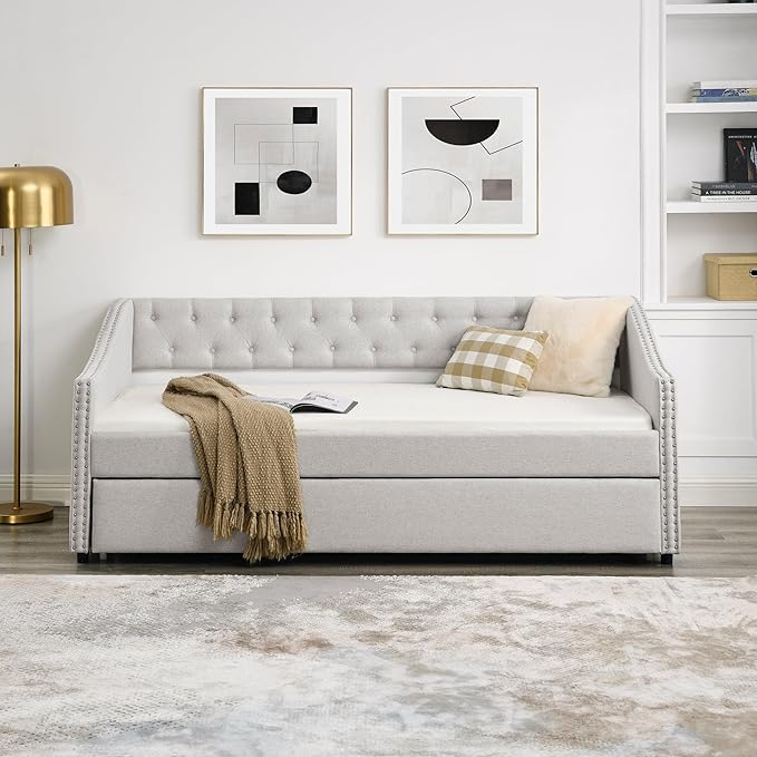Size Upholstered Daybed with Twin Trundle, Solid Wooden Bed Frame w/Button Tufted Backrest and Copper Nail on Waved Shape Arms, No Spring Box Need, for Living Room, Bedroom, Dorm, Beige - LeafyLoom