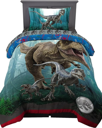 Jurassic World Dominion Blue Velociraptor and Rexy T-Rex Super Soft Microfiber Reversible Comforter, Twin Size, Bedding by Franco Kids - LeafyLoom