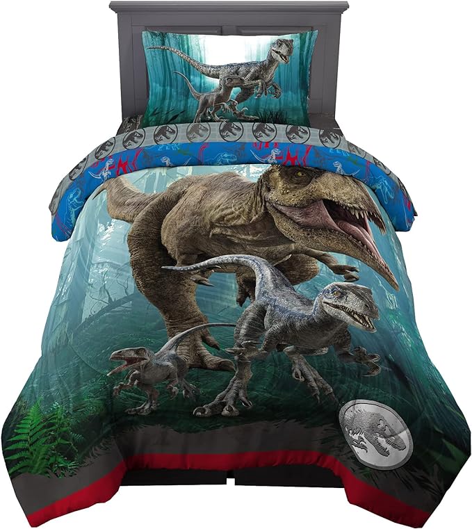 Jurassic World Dominion Blue Velociraptor and Rexy T-Rex Super Soft Microfiber Reversible Comforter, Twin Size, Bedding by Franco Kids - LeafyLoom