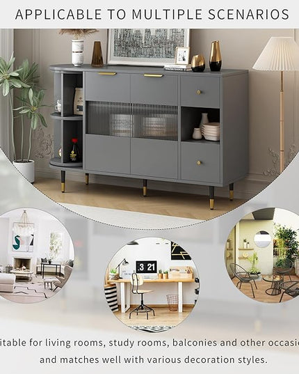 51.1" Rotating Storage Cabinet Sideboard with 2 Doors of Tempered Changhong Glass and 2 Drawers,Wooden Console Table,w/Built-in Shelves & Turntable,for Living Room,Gray - LeafyLoom