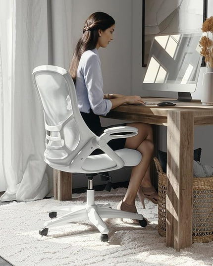 Flash Furniture Porter High-Back Swivel Office Chair with Adjustable Lumbar Support and Seat Height, Ergonomic Mesh Desk Chair with Flip-Up Armrests, White - LeafyLoom