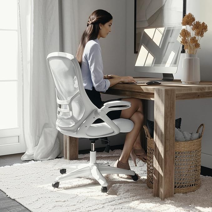 Flash Furniture Porter High-Back Swivel Office Chair with Adjustable Lumbar Support and Seat Height, Ergonomic Mesh Desk Chair with Flip-Up Armrests, White - LeafyLoom