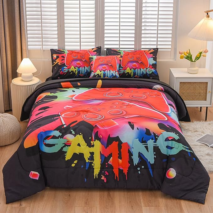 Aimuan Gamer Gaming Bedding Sets 3D Gamepad Comforter Sets for Boys Games Console Action Buttons Novelty Colorful Game Controller Modern Room Decor Home Quilt Set (Black, Full 6PCS) - LeafyLoom