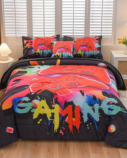 Aimuan Gamer Gaming Bedding Sets 3D Gamepad Comforter Sets for Boys Games Console Action Buttons Novelty Colorful Game Controller Modern Room Decor Home Quilt Set (Black, Twin 6PCS) - LeafyLoom