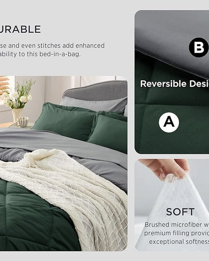 Bedsure Forest Green Full Size Comforter Set - 7 Pieces Reversible Full Bed in a Bag, Full Bed Set Forest Green and Grey with Comforters, Sheets, Pillowcases & Shams - LeafyLoom
