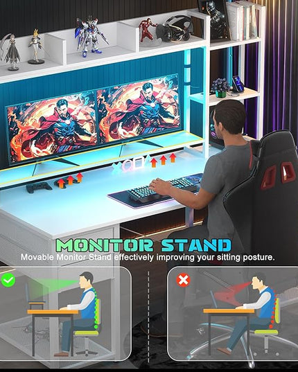 Aheaplus Desk with LED and Outlets, Gaming Desk with Hutch, 55.2'' Computer Desk with Drawers, Reversible Office Desk with Storage Bookshelf Large Workstation Desk with Shelf, Desk for Home, White - LeafyLoom