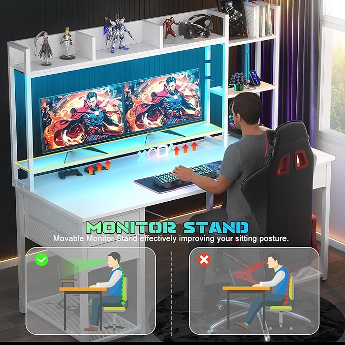 Aheaplus Desk with LED and Outlets, Gaming Desk with Hutch, 55.2'' Computer Desk with Drawers, Reversible Office Desk with Storage Bookshelf Large Workstation Desk with Shelf, Desk for Home, White - LeafyLoom