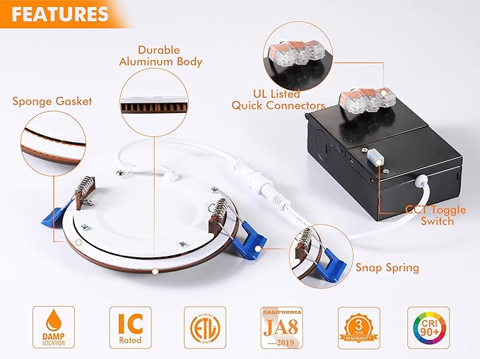 CLOUDY BAY Ultra Thin LED Recessed Ceiling Light,4 inch 3000K/ 4000K/ 5000K,Dimmable 10W CRI90+,Canless Light with Junction Box,IC Rated, Canless Wafer Downlight,Oil Rubbed Bronze,Damp Rated,6 Pack CLOUDYBAY