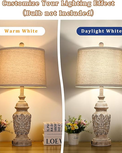 TOBUSA Farmhouse Table Lamps Set of 2, 26” Tall Bedside Lamps with Dual USB Ports, Nightstand Lamps with Carved Floral, Resin End Table Lamps for Living Room, Bedroom, Rotary Switch, No Bulbs - LeafyLoom