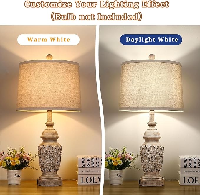 TOBUSA Farmhouse Table Lamps Set of 2, 26” Tall Bedside Lamps with Dual USB Ports, Nightstand Lamps with Carved Floral, Resin End Table Lamps for Living Room, Bedroom, Rotary Switch, No Bulbs - LeafyLoom