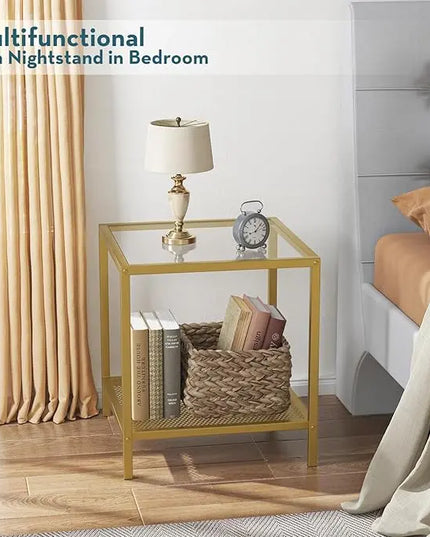 SAYGOER Glass Side Table Small Gold End Table for Small Spaces 2-Tier Square Night Stand with Storage Modern Bed Side Table with Gold Frame for Bedroom Living Room, Easy Assembly - LeafyLoom