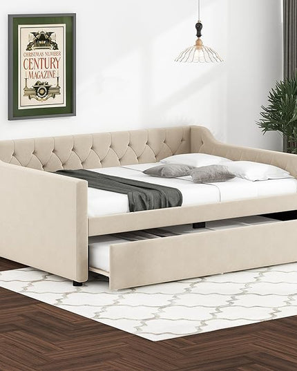Full Size Velvet Upholstered Tufted Daybed with Twin-Size Trundle,Modern Wood Bed Frame w/Armrests,Slat Support,No Box Spring Needed,Daybeds for Apartment,Bedroom,Guest Room,Beige - LeafyLoom