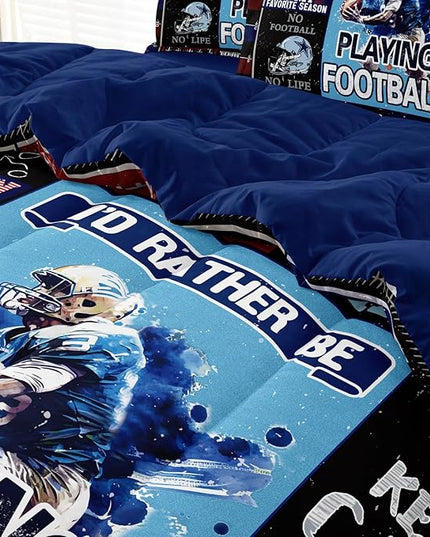 American Football Bedding Twin for Teen Boys, Kids Sports Comforter Set Bed in A Bag, Blue Children Bed Set with Sheets Twin Size - LeafyLoom