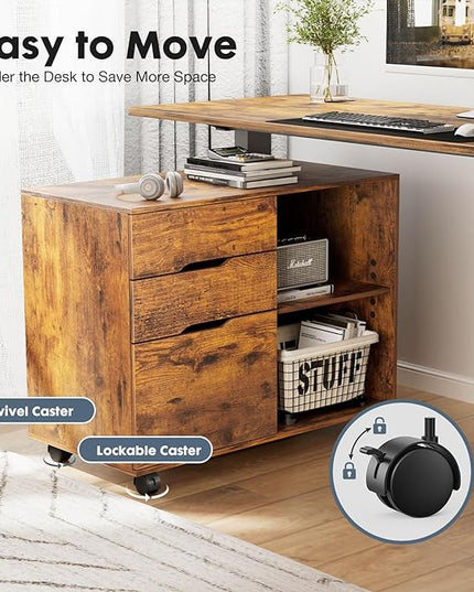 DUMOS Lateral File Cabinet with 3 Drawers Rolling Wooden Printer Stand Under Desk Storage Organizer with 4 Wheels Adjustable Shelf for Office Home, Rustic Brown - LeafyLoom