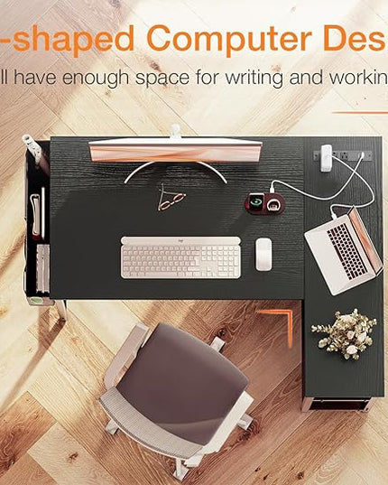 ODK 40 Inch Small L Shaped Gaming Computer Desk with Power Outlets, Reversible Storage Shelves & PC Stand for Home Office, Simple Writing Study Table with Storage Bag for Small Space, Black - LeafyLoom