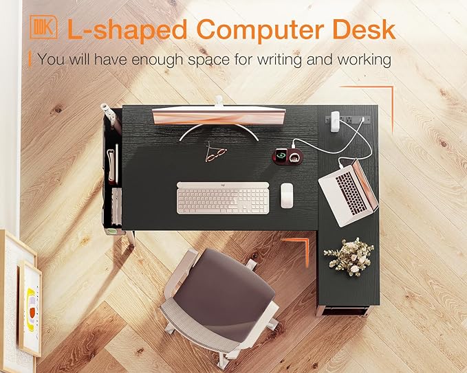 ODK 40 Inch Small L Shaped Gaming Computer Desk with Power Outlets, Reversible Storage Shelves & PC Stand for Home Office, Simple Writing Study Table with Storage Bag for Small Space, Black - LeafyLoom