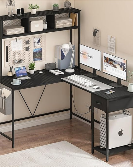 Yoobure L Shaped Desk Gaming Desk with LED Strip & Power Outlet, Reversible L-Shaped Computer Desk with Drawer, Corner Desk with Storage Shelf, 2 Person Home Office Desk, Carbon Fiber Black - LeafyLoom