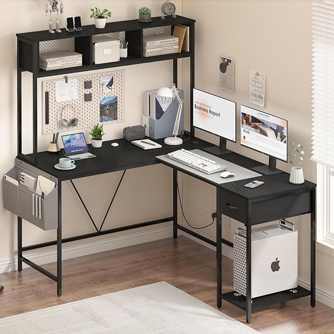 Yoobure L Shaped Desk Gaming Desk with LED Strip & Power Outlet, Reversible L-Shaped Computer Desk with Drawer, Corner Desk with Storage Shelf, 2 Person Home Office Desk, Carbon Fiber Black - LeafyLoom