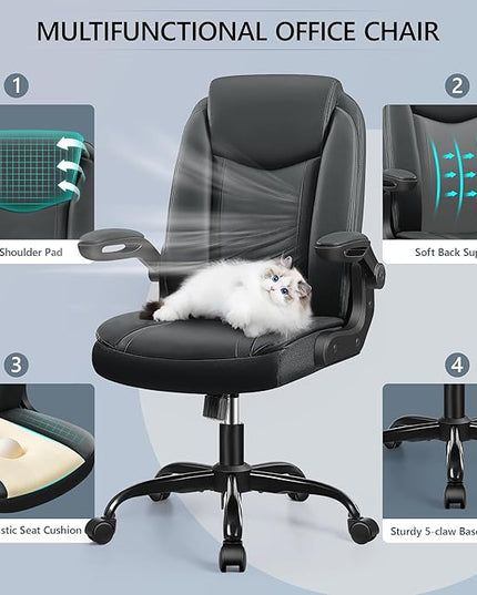 Office Chair Ergonomic Computer Desk Chair, Executive Leather Office Chair with Adjustable Flip-up Armrests Height, Swivel Task Chair with Lumbar Support Rocking Function for Home Office(Black) - LeafyLoom