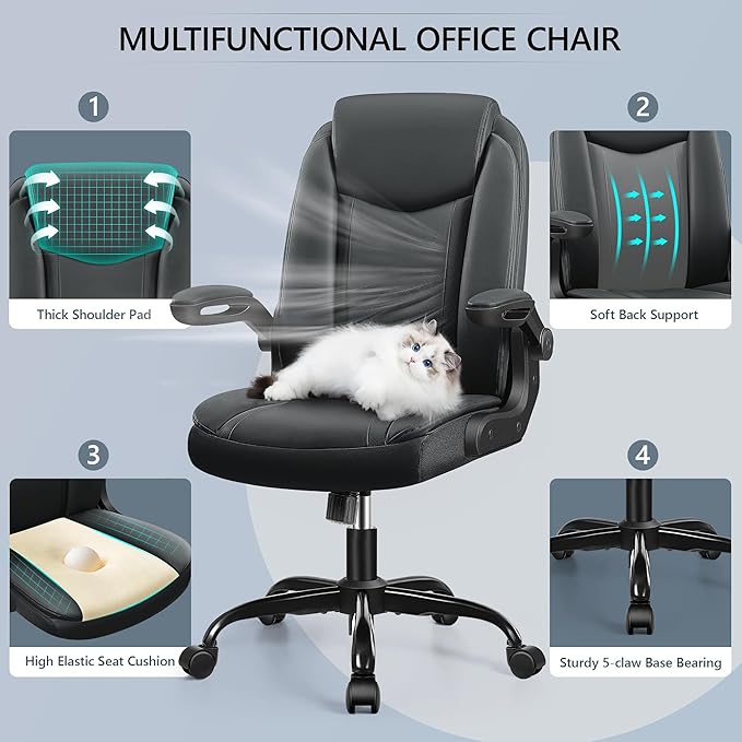 Office Chair Ergonomic Computer Desk Chair, Executive Leather Office Chair with Adjustable Flip-up Armrests Height, Swivel Task Chair with Lumbar Support Rocking Function for Home Office(Black) - LeafyLoom