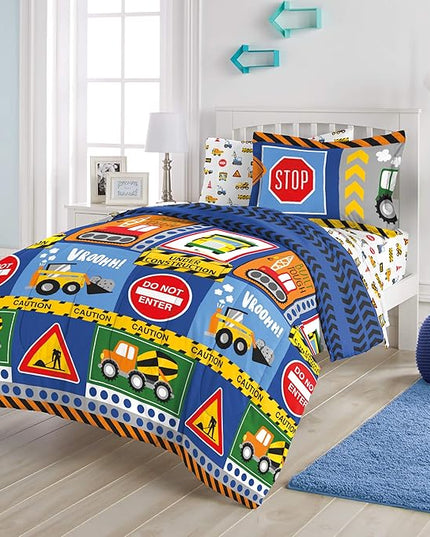 dream FACTORY Kids 5-Piece Complete Set Easy-Wash Super Soft Microfiber Comforter Bedding, Twin, Navy Blue Under Construction - LeafyLoom