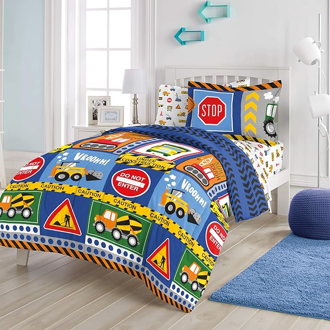 dream FACTORY Kids 5-Piece Complete Set Easy-Wash Super Soft Microfiber Comforter Bedding, Twin, Navy Blue Under Construction - LeafyLoom