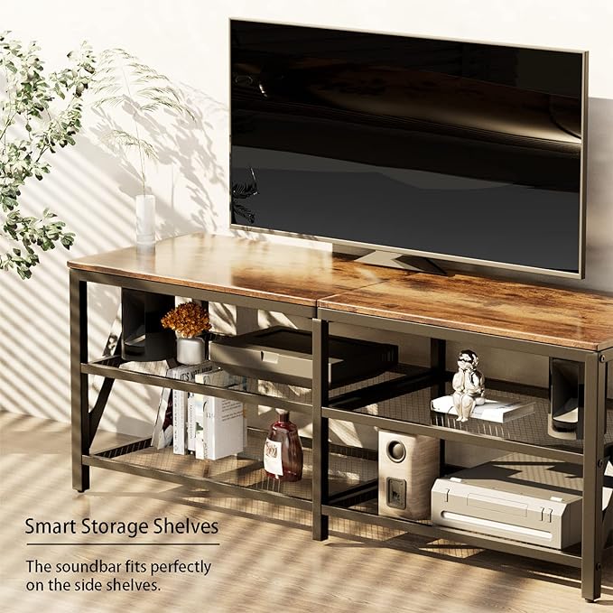 TV Stand for TV up to 65 Inch, Long 55" TV Cabinet with 3-Tier Storage Shelves,Entertainment Center TV Console Table for Living Room with Industrial TV Metal Frame, Rustic Brown - LeafyLoom