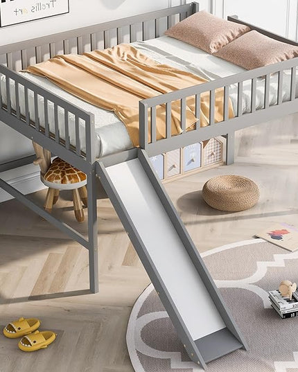 Merax Full Size Wood Low Loft Bed Frame with Slide for Kids Girls Boys,Full Length Guardrails, Gray - LeafyLoom